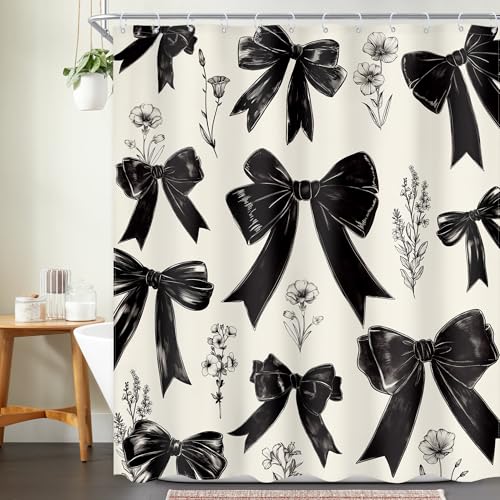 Black Bow Shower Curtain Girls Vintage Coquette Bowknot Floral Wildflower Retro Girly Fashion Elegant Plant 60Wx72L Inch Bathroom Set Aesthetic Bath Curtain Bathtub Accessories Home Decor - color: A 01black, size: 60"W x 72"L (Pack of 1)