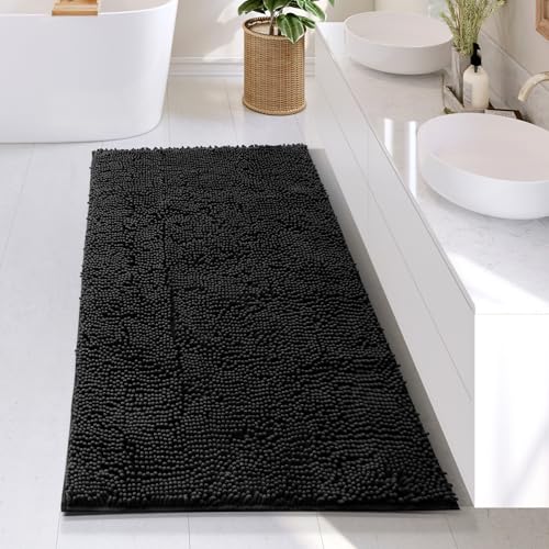Hearth & Harbor Bathroom Rugs, Chenille Bath Mat - Machine Washable Bath Mats for Bathroom Non-Slip Backing Rubber, Quick Dry Bathroom Mat - Black Bath Rug, 26x44 - color: Black, style: 26 x 44