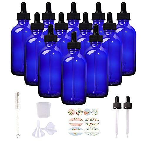 12 Pack 4oz Cobalt Blue Glass Bottles with Glass Eye Droppers for Essential Oils, Perfumes & Lab Chemicals (Brush, Funnels, 2 Extra Droppers, 24 Pcs Labels & 30ml Measuring Cup Included) - color: Cobalt Blue