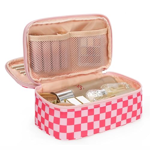Relavel Makeup Bag, Cute Travel Cosmetic Bag, Small Pink Make Up Bags, Portable Toiletry Storage for Women Girl, Waterproof Makeup Organizer for Gym, Camping, Trip, Daily Use - Rose Red - color: 01A-Hot Pink CheckBoard, size: MEDIUM