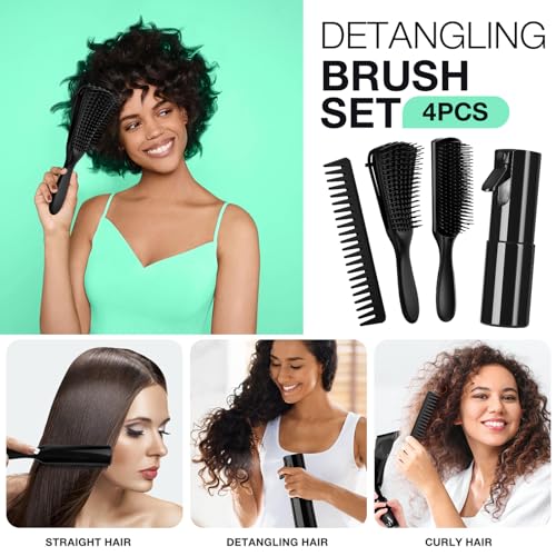 Hommtina 4pcs Detangling Brush Set for Curly 3/4abc Hair - No Pain Detangler, Anti-Static 9 Row Brush, Wide Tooth Comb & Spray Bottle for Women Men Wet Dry Hair (3 PCS, Black+Black) - color: Black+Black, size: 3 PCS