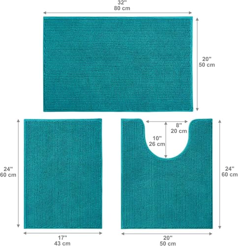 Urvoix Bathroom Rugs Sets 3 Piece, Chenille Bathroom Rug Non-Slip Bath Rug, Ultra Soft, Washable, Super Absorbent Bath Mats for Bathroom, Toilet and Tub (Turquoise Blue) - color: Turquoise Blue