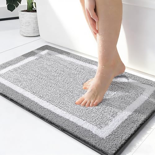 OLANLY Small Bathroom Rugs 24x16, Extra Soft and Absorbent Microfiber Bath Rugs, Non-Slip, Machine Washable, Quick Dry Shaggy Bath Carpet, Bath Mats for Bathroom Floor, Tub, Shower, Grey - color: Grey and White, size: 24" X 16"