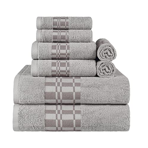 Superior 8-Piece Cotton Towel Set, Geometric Design, Dobby Border, Plush Quick Dry Towels, Decorative Bathroom, Spa, Includes 2 Bath, 2 Hand, 4 Face Towels/Washcloth, Larissa Collection, Chrome - color: Chrome, size: 8 Piece Towel Set