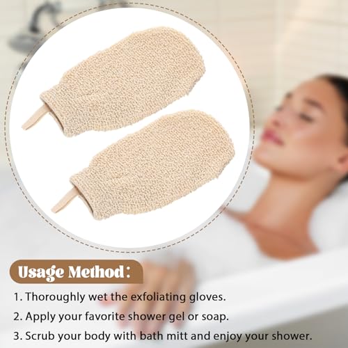 30 Pcs Exfoliating Shower Gloves Stretchable Ramie Bath Mitts with Hanging Loop Body Scrubber Exfoliator Loofah Washcloth Deep Clean Dead Skin for Spa Massage Skin Shower Hotel Use (Beige) - color: Beige