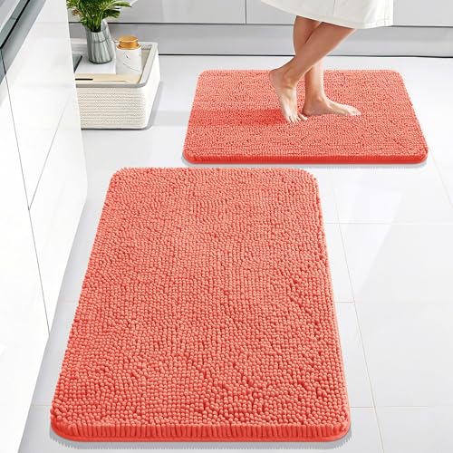 OLANLY Bathroom Rugs Sets 2 Piece, Soft Absorbent Chenille Bath Mats Area Rug Set, Non-Slip, Quick Dry, Machine Washable Bath Mats for Bathroom, Home Decor Accessories (30"x20"+24"x16", Coral) - color: Coral, size: 30" X 20" + 24" X 16"