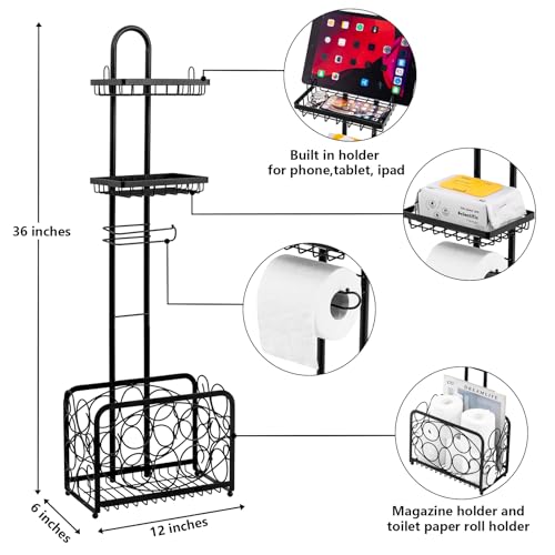 Oasis Creations Toilet Paper Holder Tissue Rack Stand with Magazine Toilet Roll Storage Basket- Freestanding, Black Metal - color: Black