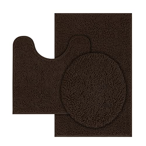 TREETONE Chenille Bath Mat 3 Piece Bathroom Rugs Set, 20x20 Inchs U-Shape Contoured Toilet Mat & 20x32 Inchs Rug & Lid Cover Water Absorbent Plush Rugs for Tub Shower & Bath Room -Chocolate Brown - color: Chocolate Brown, size: Set of 3-Medium 20" x 30"/C