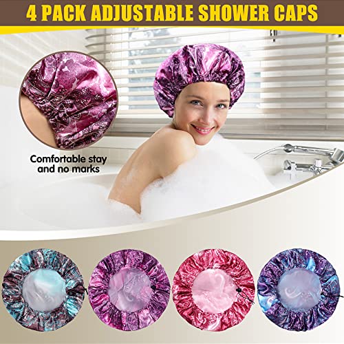 4 Packs Shower Caps, Extra Large Adjustable Double Layer Waterproof Hair Cap for Women, Waterproof Exterior & EVA Lining, Oversized Design for Long Thick Hair (Starlight Printing, X-Large) - color: Starlight Printing, size: X-Large