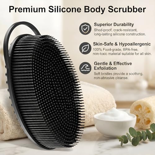 Silicone Body Scrubber, Exfoliating Loofah Alternative for Women Men, Soft Silicone Body Shower, 2 in 1 Bath and Shampoo Brush for Sensitive Skin, Back,Showering,Brush Exfoliator (Black) - size: Black