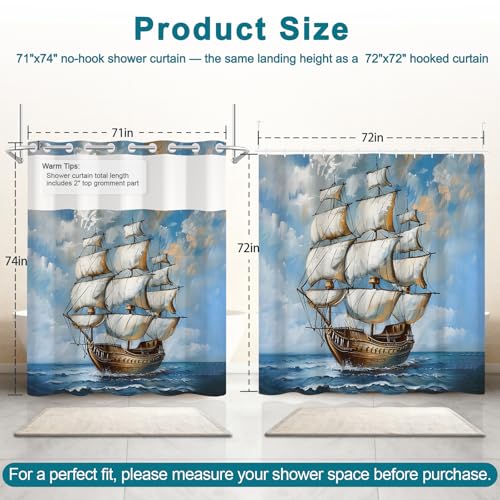 Nautical Blue Shower Curtain with Removable Liner, Shower Curtain No Hooks with See Through Window, Double Layer Fabric Shower Curtains, Coastal Voyage Ship Design for Bathroom Decor, 71x74 Inch - color: Ocean Voyage