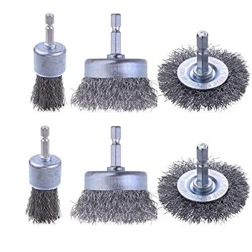 Rocaris 6 Pack Carbon Steel Wire Wheel and Pen Brush Set with 1/4-Inch Hex Shank for Rust Removal, Corrosion and Scrub Surfaces
