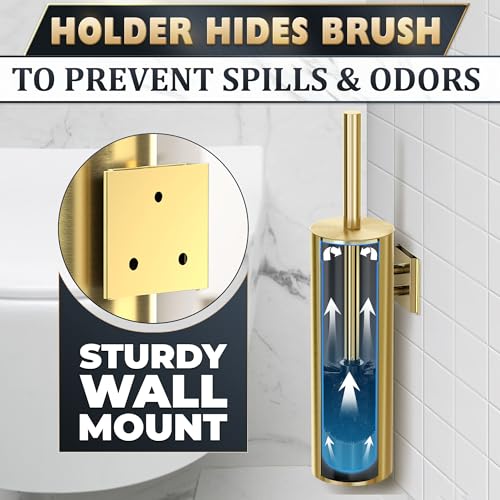 Gold Toilet Brush and Holder Set with Wall Mount - Modern Wall Mounted Toilet Brush Made from Corrosion-Resistant Stainless Steel - Removable Inner Bowl, Splash Protection & Dense Bristles Supplied - color: Gold Wall-mounted