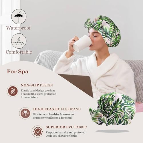 Luvruitaky Shower Cap Luxury Shower Caps for Women Reusable Waterproof Hair Cap for Shower with Adjustable Bowknot Hair Bath Cap (Green Palm) - color: Green Palm