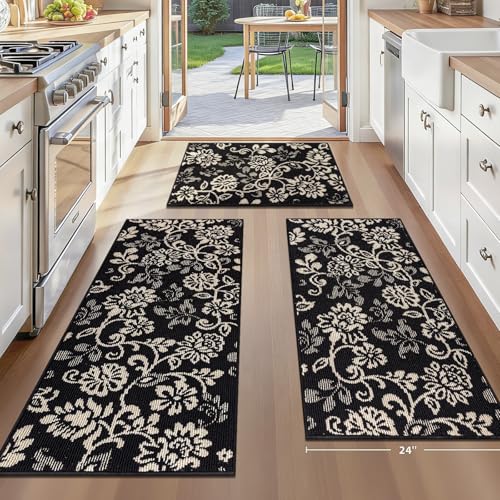 LOKHOM Boho Kitchen Rugs Sets of 3, Non Slip High-Low Textured Kitchen Mats for Floor with Rubber Backing, Paisley Floral Washable Carpet Runner for Hallways Entryway Laundry Sink (Black & Beige) - color: Black & Beige, size: 24"x35"+24"x48"+24"x60"