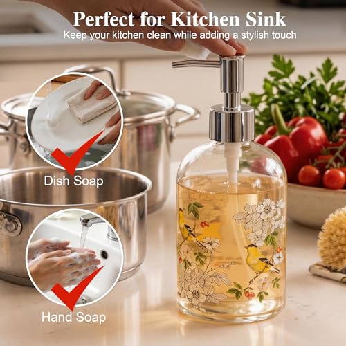 Topadorn 17oz Glass Soap Dispenser with Pump, Refillable Hand Soap Dispenser for Bathroom & Kitchen, Goldfinch Bird & Floral Decorative Soap Bottle, Farmhouse Countertop Decor - color: Bird