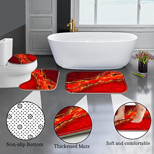 Poedist 4 Pcs Gold Edge Marble Bathroom Shower Curtain Set, Bathroom Sets with Shower Curtain and Rugs(Bath Mat,U Shape and Toilet Lid Cover Mat) and 12 Hooks-Red - color: Red Yellow