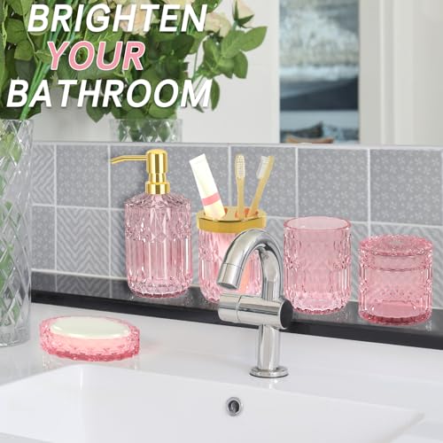 Pink Bathroom Accessories Set, 5Pcs Clear Glass Pink Bathroom Decor with Lotion Soap Dispenser, Soap Dish, Tumbler, Cotton Swab Jar, Toothbrush Holder for Bathrooms Set Modern Crystal Vintage Gift - style: Pink