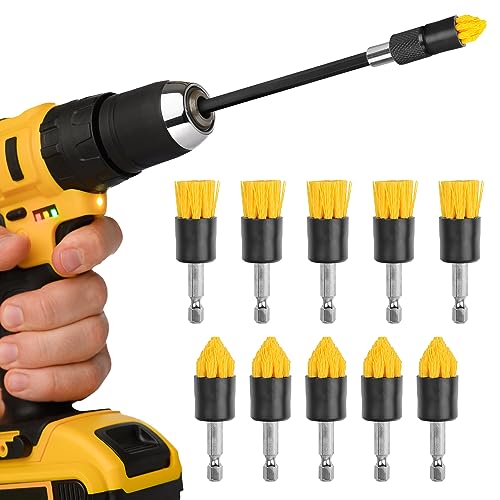 Impresa Drill Brush Attachment Set - Pack of 10, 5 Tapered & 5 Flat, 6 in Extender - Rotary Grout Cleaning Brushes - Crevice Reach with Drill Extender Attachment - Home & Auto Detailing Scrub Heads