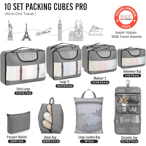 Veken 10 Set Packing Cubes for Travel Essentials,Anti-Wrinkle Buckled Suitcase Organizer for Shoe & Toiletry Bag,Carry On Luggage Bag with 99+ Count Mesh Holes for Airplane & College Dorm Accessories - color: 04 Gray