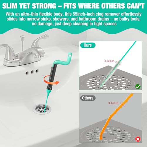 55inch Steel Core Drain Clog Remover Tool With Rotating Handle, Slim Snake Drain Hair Removal Tool For Narrow Pipes, Sinks, Showers, Toilets, Clears Hair, Blockages With Sink Drain Cleaner (5pcs)