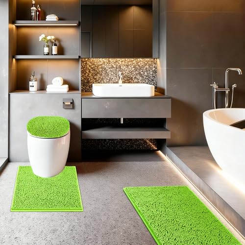 Bathroom Rugs Sets 3 Piece with Adjustable Toilet Seat Cover 19.5"x 18.5" Machine Washable Bath Rug Set with TPR Non Slip Rubber Backing Solid Bath Mat Set for Luxury Bathroom Decoration - color: Lime Green