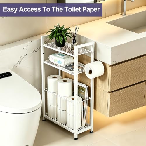 Freestanding Toilet Paper Holder with Shelf, Holds 6–9 Rolls, Space-Saving Bathroom Organizer for Small Spaces, Toilet Roll Holder Stand Keeps Rolls Clean & Dry, White - color: White