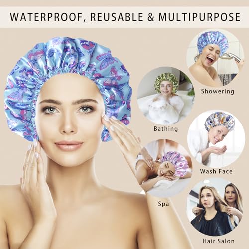 4 PCS Shower Cap for Women, Elastic and Reusable Bath Caps, Double Layers Shower Caps Reusable Waterproof, Bathing Shower Caps, Environmental Bath Hair Protection Cap - Butterfly C - color: Butterfly C