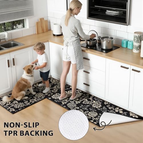 LOKHOM Boho Kitchen Rugs Sets of 3, Non Slip High-Low Textured Kitchen Mats for Floor with Rubber Backing, Paisley Floral Washable Carpet Runner for Hallways Entryway Laundry Sink (Black & Beige) - color: Black & Beige, size: 24"x35"+24"x48"+24"x60"