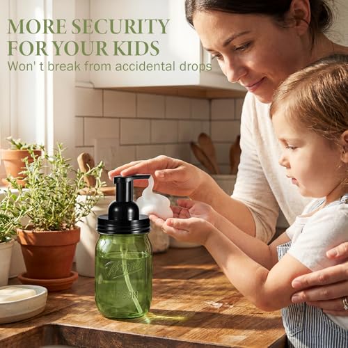 Amolliar Plastic Mason Jar Foaming Soap Dispenser Pump Lid, 16oz Foam Soap Dispenser with Cute Lables - Green Refillable Hand Soap Dispenser for Bathroom Kitchen Shower (2 Pack, Black) - color: Black