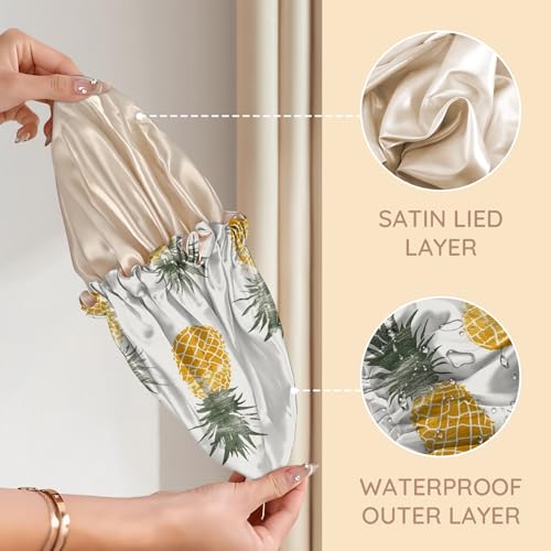 Luxury Shower Cap Adjustable Reusable Double Waterproof Layer Elastic Satin Lined Hair Bath Cap Cute Aesthetic Women Girls (K11-Pineapple) - color: K11-Pineapple