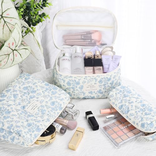 senbowe Floral Makeup Bag, 3 Pack Large Cotton Quilted Makeup Bag Set, Cute Floral Coquette Aesthetic Toiletry Bag Make Up Cosmetic Bag for Women, Toiletry Travel Make Up Organizer Bag - color: Light Blue Flower