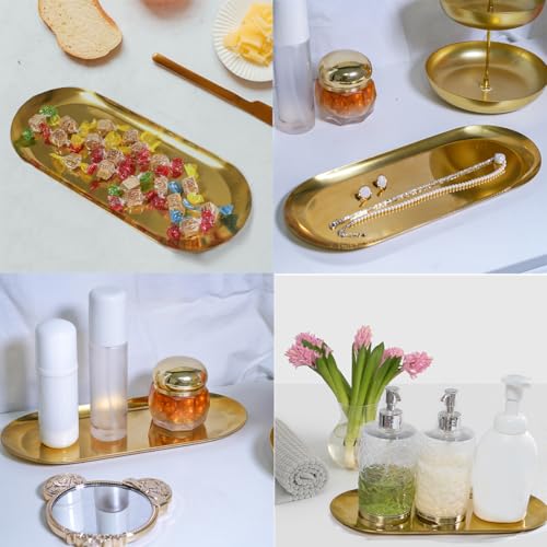 12inch Large Decorative Tray, Thicken Stainless Steel Bathroom Vanity Tray for Dresser Counter, Oval Jewelry Perfume Cosmetics Trays Organizer (Gold) - color: Gold