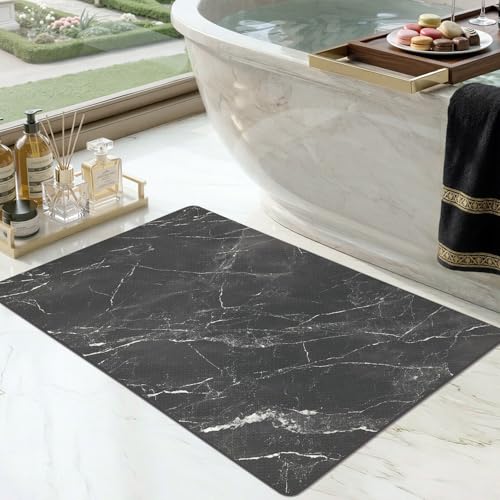 Color&Geometry Ultra Thin Bathroom Rugs Non Slip,Absorbent Quick Dry Bath Mats for Bathroom,Thin Bath Rugs Washable with Rubber Backing Fit Under Door Outside Shower,Black Marble,17"x30" - color: Black Marble, size: 17"x30"