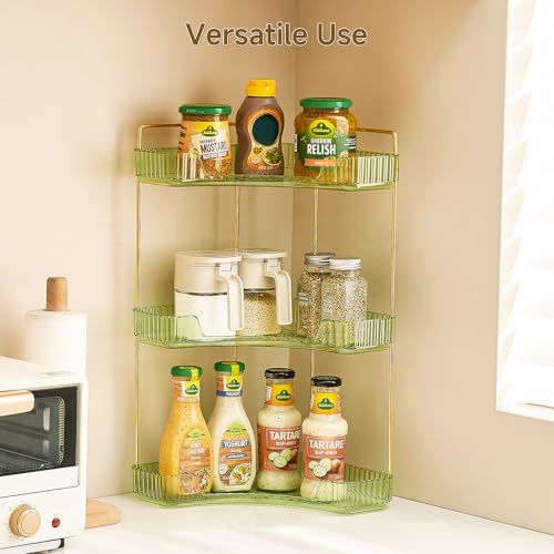 Ceruaxb 3-Tier Corner Bathroom Counter Organizer, Plastic Countertop Makeup Organizer, Large Capacity Vanity Bathroom Perfume Shelf Rack for Kitchen Office Desktop (Green)