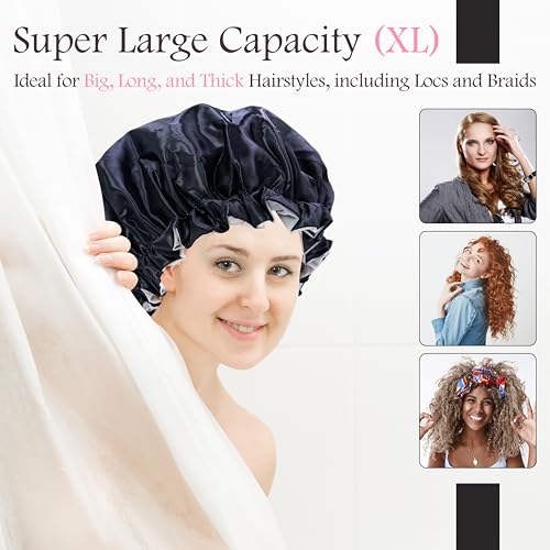 Shower Cap for Men, Waterproof Bath Shower Caps Double Layer Reusable Reusable Satin Bonnets Adjustable Elastic Bathing Hair Cap for Men Women