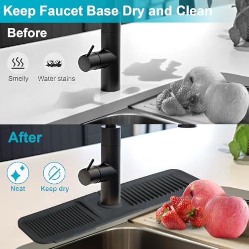 24 Inch Kitchen Sink Splash Guard，5°Slope Fast Draining Silicone Mat for Kitchen Sink Faucet Mat, Upgraded Sink Tidy Splash Guard for Bathroom Faucet Draining Mat (Black)