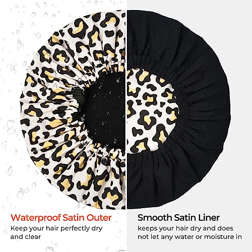 Shower Cap for Women Terry Lined Bath Cap Large Reusable Waterproof Elastic Band Leopard Shower Caps for Long Thick Hair Soft Bath Shower Hair Caps - color: Leopard Print Pattern