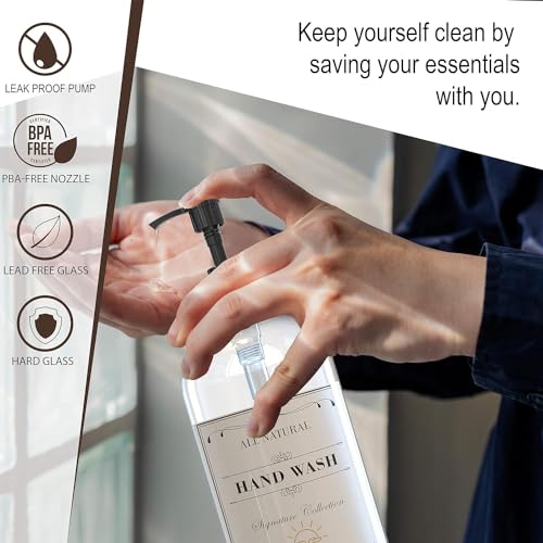 Sunrise Premium 16 OZ Clear Glass Soap Dispenser with Pump, Hand and Dish Soap Dispenser Set for Bathroom with 12 Waterproof Labels, Pack 4 - color: Black Plastic Pump - Clear Glass 4pcs