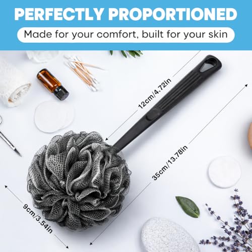 Loofah with Handle & Shower Brush Charcoal 2 Pack- Back Scrubber for Shower for Men & Women, Body Brush Ideal for Exfoliation, Back Loofah for Shower with Bath Brush, Long Handle for Shower Back Brush