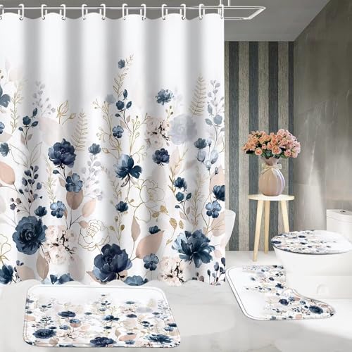 DDQQ Navy Blue Floral Shower Curtain Sets with Rugs 4 Piece Gold Flowers Leaves Bathroom Decor Set with Non-Slip Rugs Toilet Lid Cover and Bath Mat, Home Bathroom Shower Curtain Set with 12 Hooks - color: Navy Blue