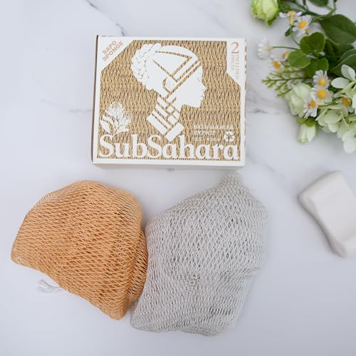 SubSahara Authentic African Net Sponge - 2 Pack Exfoliating Bath & Shower Loofah Sponge for Body & Face, Gentle Scrubber for All Skin Types, Travel, Durable - color: Golden & Milky White