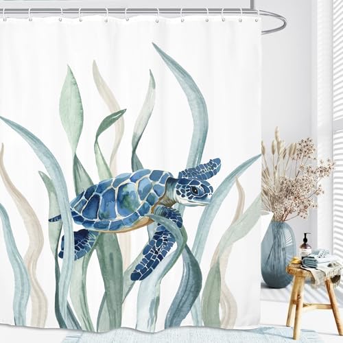 Turtle Seaweed Shower Curtain 60Wx72L Inch Sea Ocean Underwater Undersea Blue Green Watercolor Bathroom Set Accessories Decor with 12 Pack Hooks - color: Blue Green, size: 60"W x 72"L (Pack of 1)