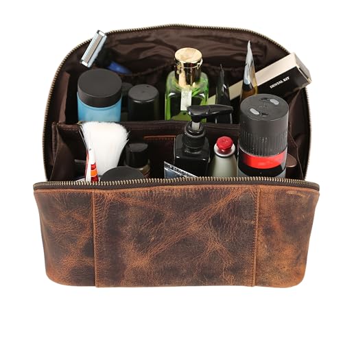 KomalC Luxury Leather Men’s Toiletry Travel Bag – Handmade Shaving Kit with Waterproof Interior, Spacious Storage & Carry Handle – leather travel Kit Bag for Men & Women (Dark Brown) - color: Dark Brown
