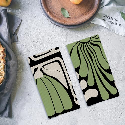 Abstract Boho Green and Beige Floral Kitchen Towels Set of 2, Retro 70s Groovy Floral Hand Towels for Bathroom Decor, Modern Minimalist Botanical Dish Tea Towels for Kitchen Decor, 16x24 Inch - color: Boho Green