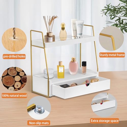 2-Tier Bathroom Organizer Countertop with Drawer, Wood Counter Organizer for Bathroom Decor, Sink Shelf for Vanity Storage, Makeup Tray for Perfume Skincare, Spice Rack Bedroom Kitchen Corner - color: White