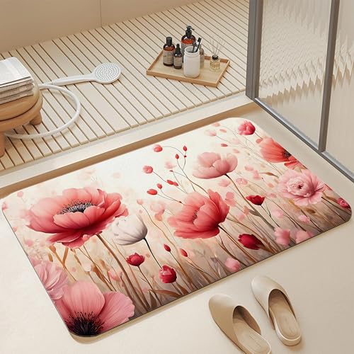 Bathroom Floor Mat,Spring Flowers Bathroom Rugs,Quick Dry Red Pink Floral Diatomaceous Bath Mat,Non Slip Super Absorbent Soft Floor Mat for Home Kitchen Dorm Patio 17 X 29.5 Inch - color: Spring Flowers