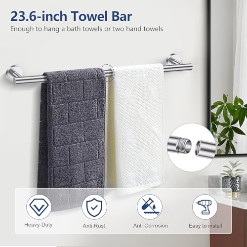 TQKAG Brushed Nickel 5 Piece Bathroom Hardware Accessories Set 23.6" SUS304 Stainless Steel Bathroom Towel Bar Holder Sets Double Post Pivoting Toilet Paper Holder Set Wall Mounted - color: Brushed Nickel, size: 5-Pieces Set-B