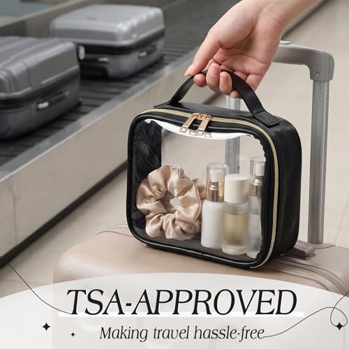 Abbylike 6 Pcs Clear Makeup Bags Bulk 7.9 x 5.9 x 2.4 Inches Quart Size Approved PU Leather Toiletry Bag with Handles Small PVC Clear Travel Cosmetic Case for Women Wedding Bridal Gifts(Black) - color: Black