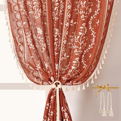 Yinhua Boho Curtains for Living Room 63 Inch Length Vintage Linen Terracotta Curtains Light Filtering Floral Window Curtain Rod Pocket & Back Tabs Farmhouse Tassel Burnt Orange Drapes with Tiebacks - color: Terracotta, size: 52"W x 63"L (Pack of 2)